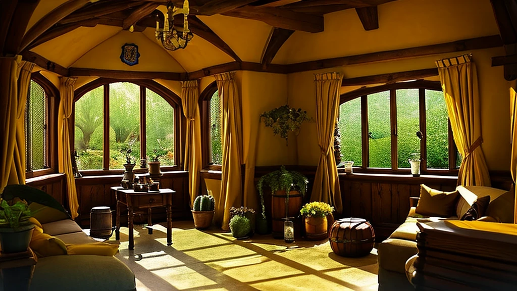 Hufflepuff Common Room,Fantasy,yellow,Fantasy,Cozy rooms,Barrels are stacked,Low ceiling,Round window,Bright atmosphere,Potted cacti,Vines growing from the window,flower,plant,Wooden desk,yellowの柔らかいソファ,Hogwarts,Harry potter