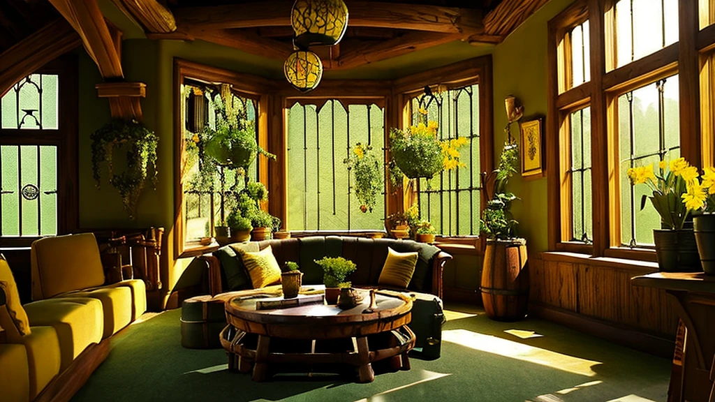 Hufflepuff Common Room,Fantasy,yellow,Fantasy,Cozy rooms,Barrels are stacked,Low ceiling,Round window,Bright atmosphere,Potted cacti,Vines growing from the window,flower,plant,Wooden desk,yellowの柔らかいソファ,Hogwarts,Harry potter