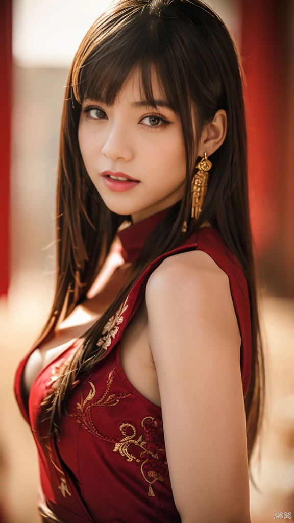 Best Images, (8k, RAW Photos, Realistic), A neat and beautiful Japanese woman, Rainbow light brown straight hair, Big, shining blue eyes, Long eyelashes, double eyelid, Half-open crimson seductive moist big thick lips, Big Breasts, Sideboob, Under the chest, Abdominal muscles, thin, Perfect Proportions, whole body, Black ao dai with gold embroidery, Blurred background red、Cowboy Shot