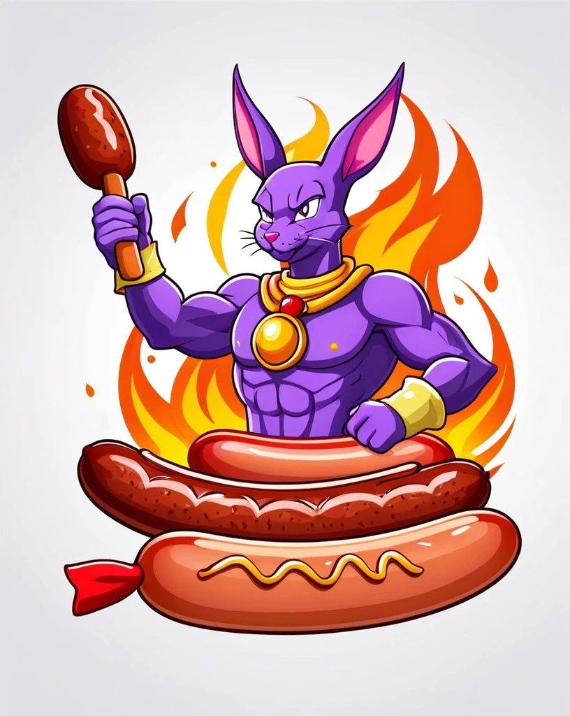 Create logo a sausage with Beerus and grill, BBQ, with some sausages on the fire, hot dog, cartoon illustration, HD illustration, Chorizo Sausage, sausage hair, Beerus, White background