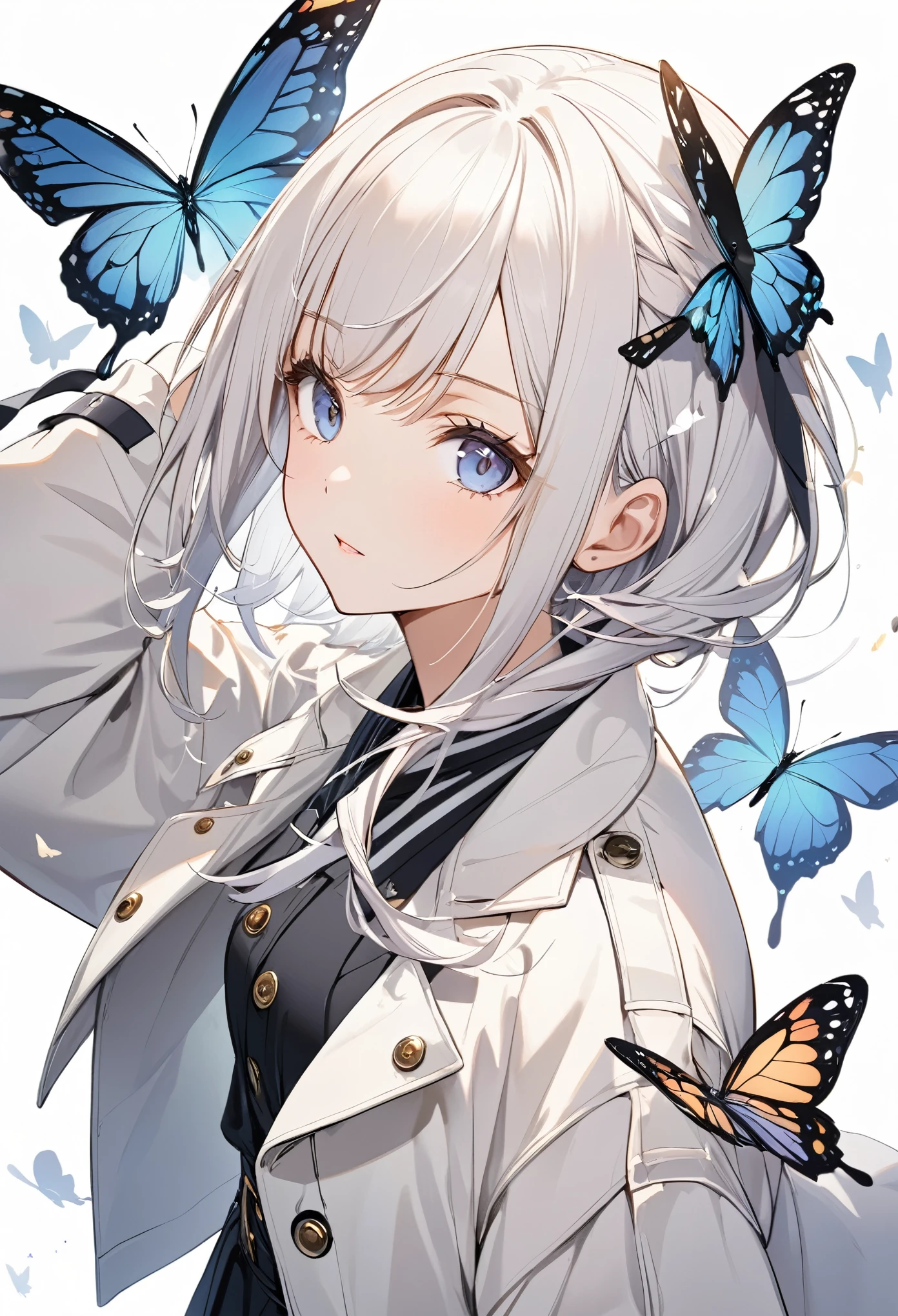 Butterflies are flying、Facing at an angle、1girl, stylish, stylish code, large jacket, simple white background