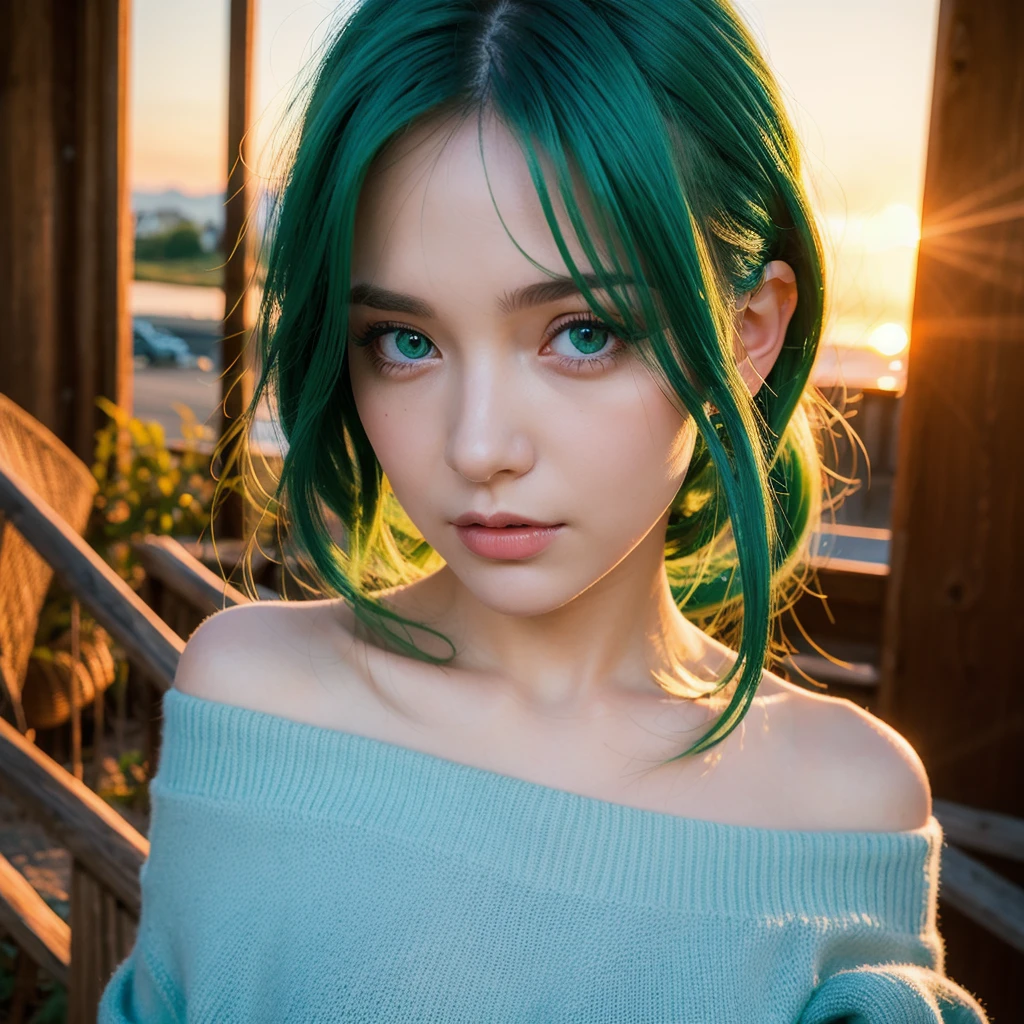 best quality, masterpiece, Ultra-high resolution, (realism: 1.4), original photo, 1 Girl, Green Eyes, Off-shoulder, light, Blue Hair, Sunset