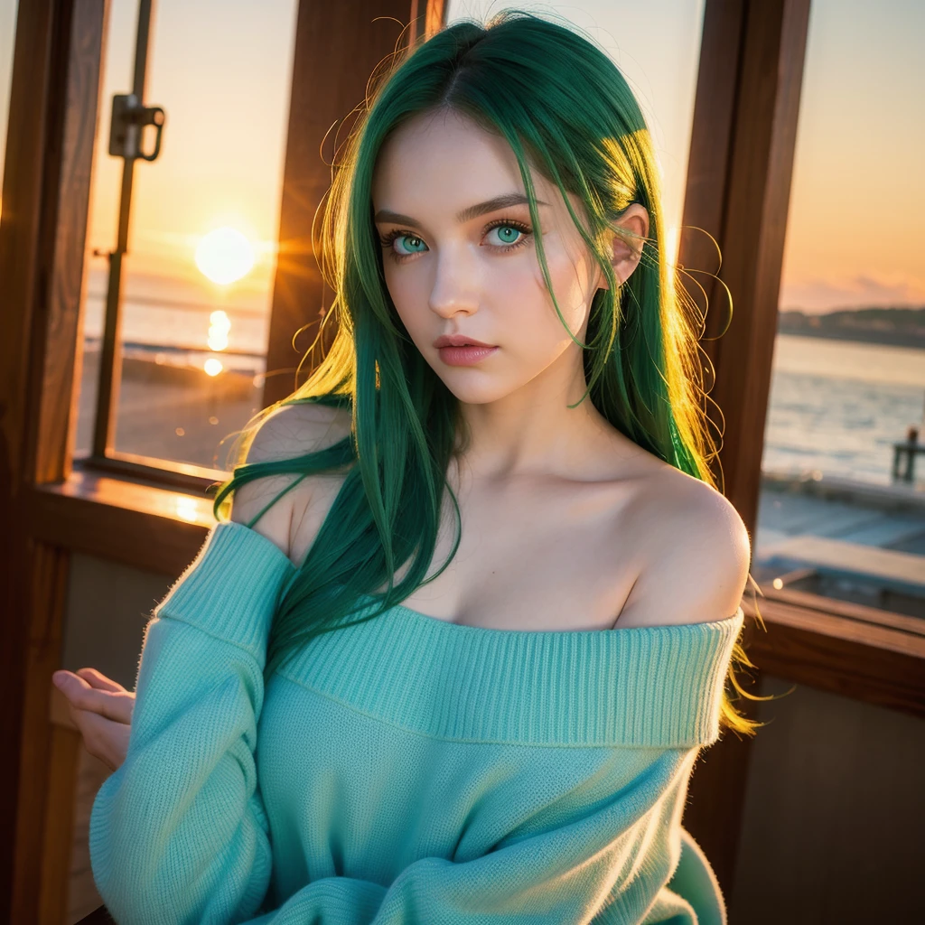 best quality, masterpiece, Ultra-high resolution, (realism: 1.4), original photo, 1 Girl, Green Eyes, Off-shoulder, light, Blue Hair, Sunset