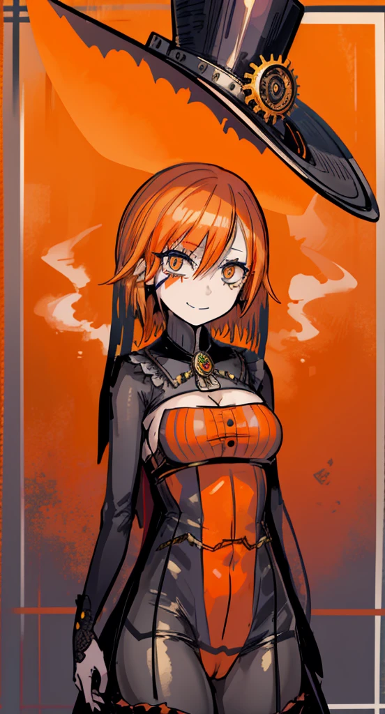 1girl,joker face, praje eyes, smile,watches, steampunk, short orange hair, cape, top hat,
gear ,beautiful clothes, (high resolution, high detail, best quality), alone, large breast, sfw