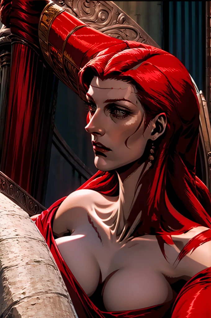 Naked,large breasts,looking at her side profile,beautiful face,bloody,red skin,rising from her tomb,long red hair in dense curls,long slender body,stomach