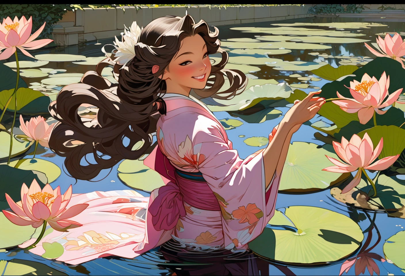 NijiEx style artwork by J.C. Leyendecker. Profile of a Japanese princess, windblown long curly hair, pink kimono, running in a lily pond, laughing. anime style, key visual, vibrant, studio anime