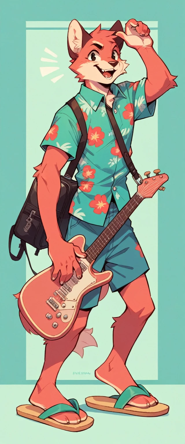 A pale red fluffy cat in a turquoise Hawaiian shirt in a full-length straight standing pose and flip-flop slippers holds a closed guitar case in one hand