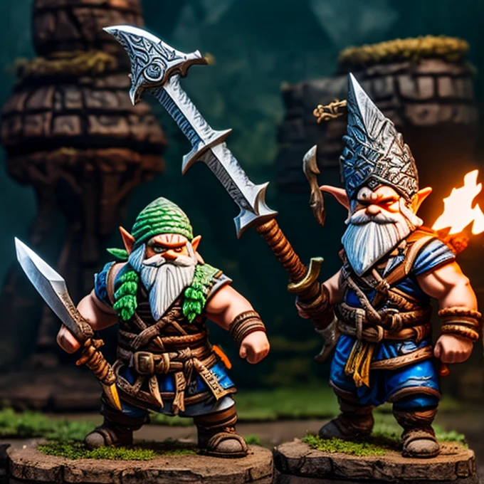 A barbarian gnome with a gigantic greatsword, two handed sword, Furious gnome, great sword, battle position, gnome carrying sword