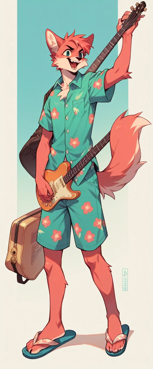 A pale red fluffy cat in a turquoise Hawaiian shirt in a full-length straight standing pose and flip-flop slippers holds a closed guitar case in one hand
