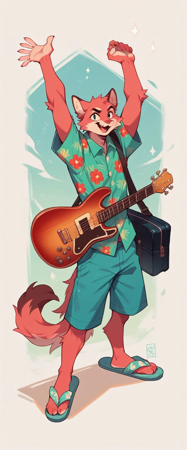 A pale red fluffy cat in a turquoise Hawaiian shirt in a full-length straight standing pose and flip-flop slippers holds a closed guitar case in one hand