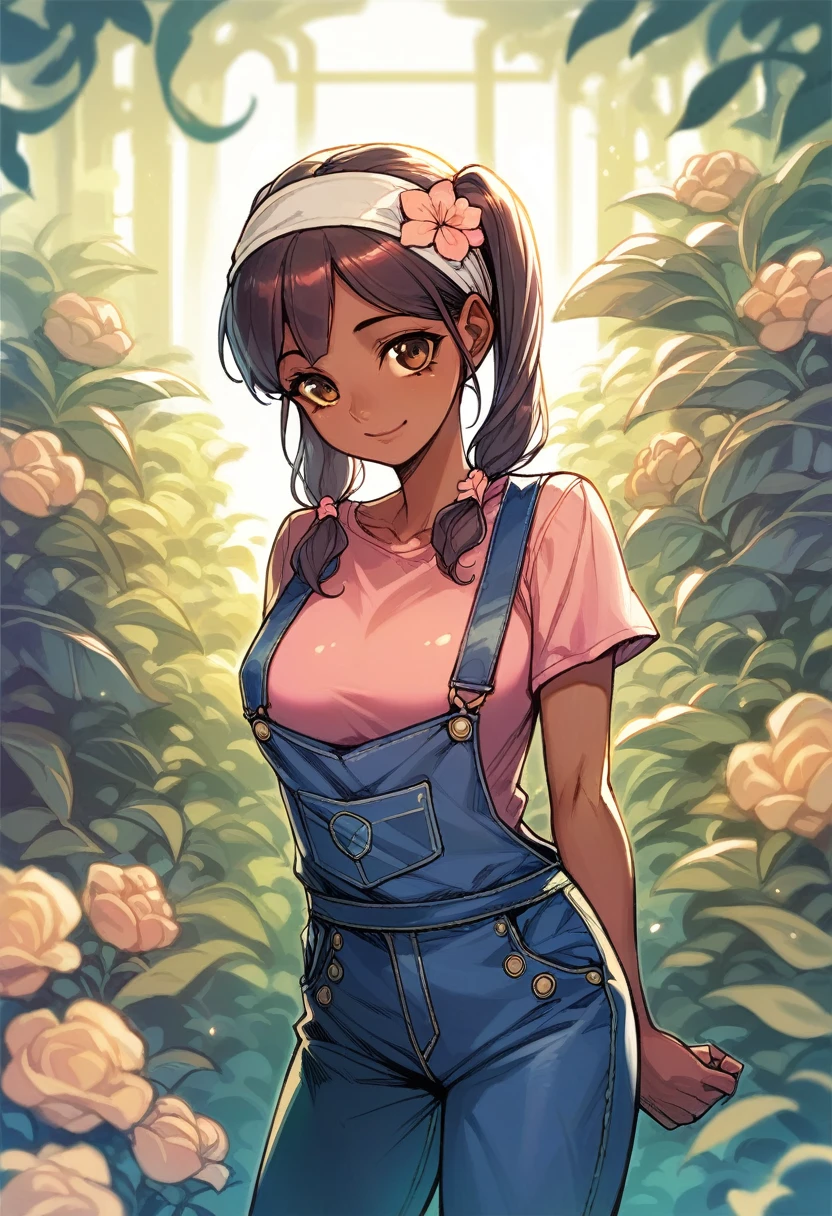 (((Masterpiece))), best quality, cowboy shot, perfect anatomy, realistic face, outdoors, sunny, warm sunlight, backlighting, dramatic lighting, painterly 1girl, twintails, long hair, solo, overalls, three quarter view, flower on head, headband, arms behind back, light smile, dark skin, dark skinned female, medium breasts, pink shirt, (loli)