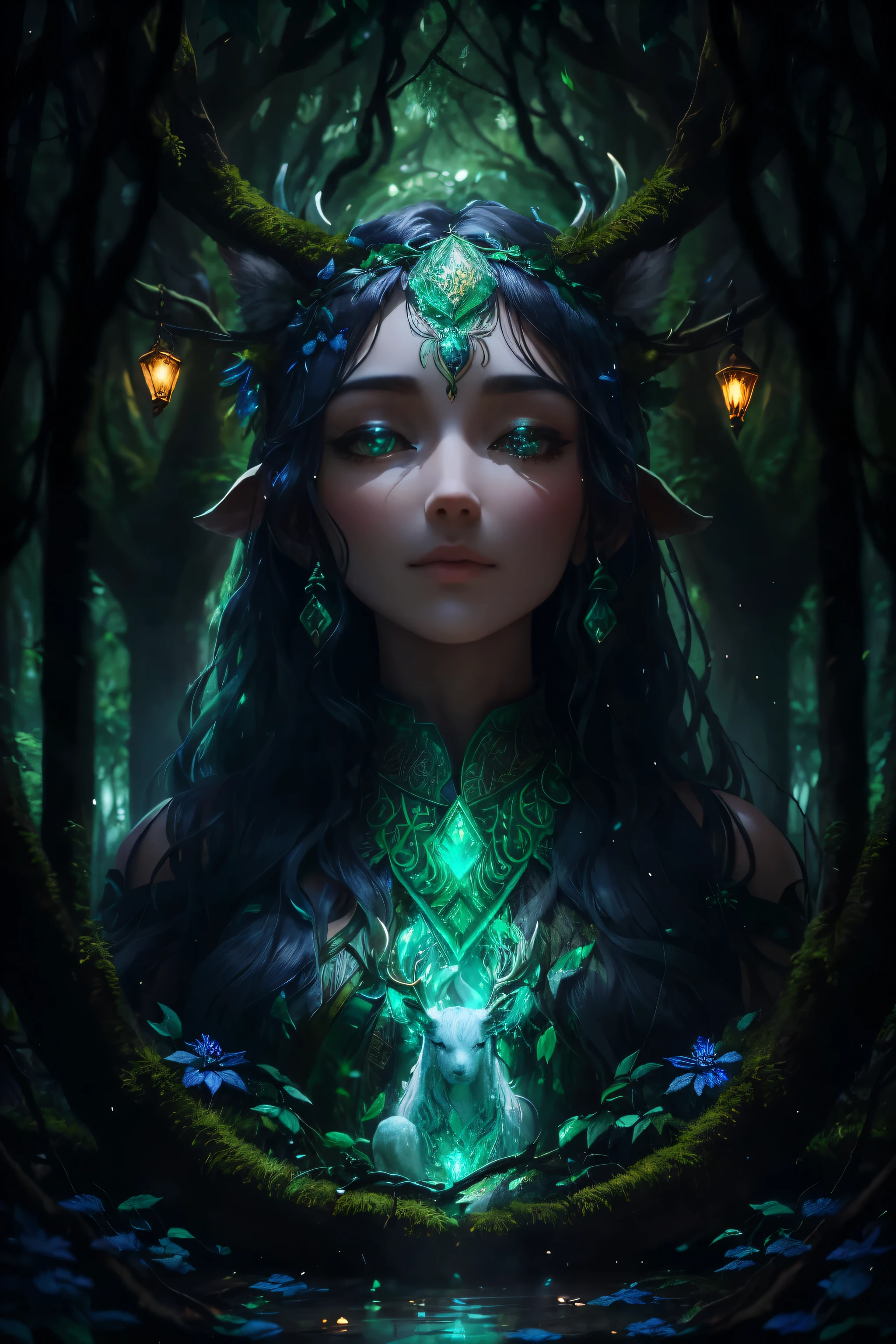 Amidst the silence of ancient trees, a mystical figure dressed in emerald leaves and bark-skin armor walks softly across the forest floor. The air around you vibrates with the vitality of nature, while vines adorned with midnight blue flowers twine their branches, pulsing in rhythm with the heartbeat of nature. The figure's eyes, like polished amber, Shines through a mane of moss and foliage, reflecting a spirit deeply connected to nature's most closely guarded secrets. On the top of your head, proud horns, engraved with ancient runic symbols, design, framing a face that embodies serenity