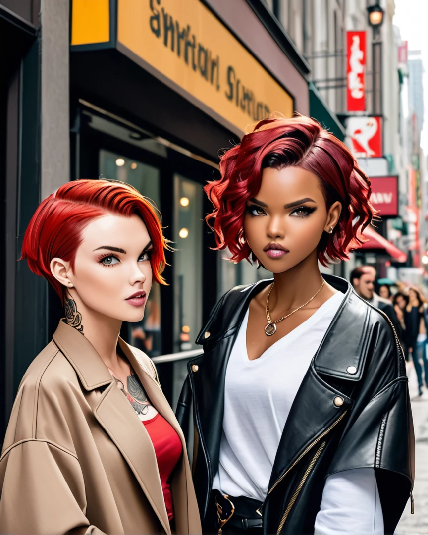 a beautiful woman , with short hair, redheads and curly, Bullish, dark-skinned , next to actress Ruby Rose on the street 