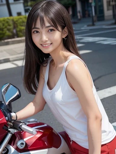 Japanese female, a lot of details, (underweight), 30 years old, detailed black hair, beautiful detailed hair, super fucking beautiful, delicate beautiful face, complex details beautiful and delicate eyes, perfect hands, (flat chest best quality:1.5), perfect and delicate limbs, detailed skin, best quality, ultra-detailed,(cheerful grin:1.5),
street, (KAWASAKI super sports motorcycle:1.1), (riding motorcycle), (red shorts), (white tank top), in the city, (low angle shot:1.1)