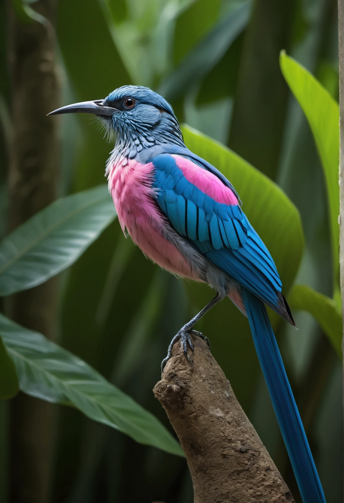 A captivating jungle scene shows a rare and mischievous-looking large blue pink striped bird perched in a small house, with its long, elegant tail adorned with intricate structures and striped feathers. The bird, with its beautiful and graceful behavior, exudes an air of elegance and mystery. This high-quality nature photography, expertly captured by Sudip Roy using a Canon EOS R6, offers a stunning display of the bird's unique beauty and the lush, vibrant jungle environment