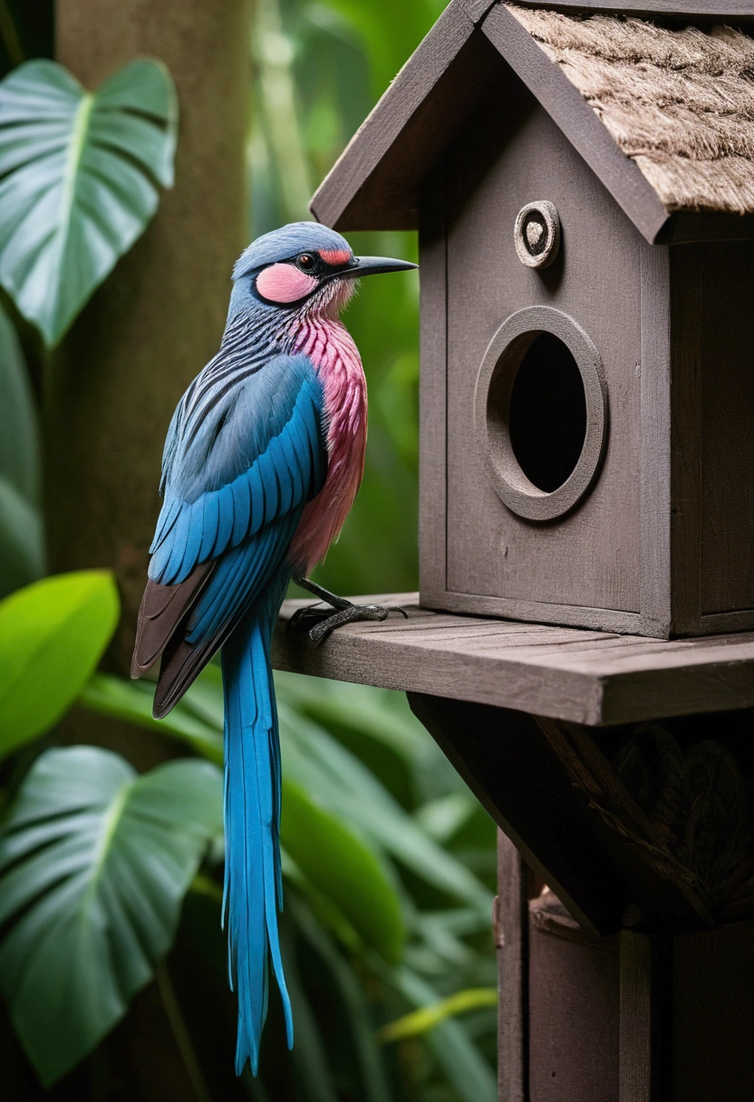 A captivating jungle scene shows a rare and mischievous-looking large blue pink striped bird perched in a small house, with its long, elegant tail adorned with intricate structures and striped feathers. The bird, with its beautiful and graceful behavior, exudes an air of elegance and mystery. This high-quality nature photography, expertly captured by Sudip Roy using a Canon EOS R6, offers a stunning display of the bird's unique beauty and the lush, vibrant jungle environment