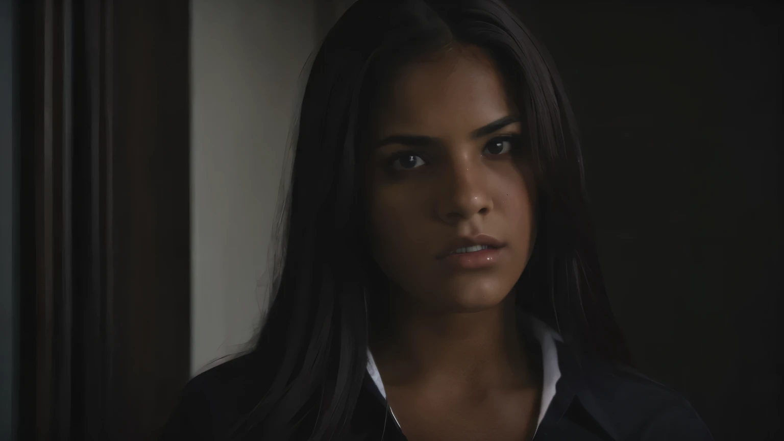 Latin girl, pretty, brown eyes, high school, (super-realistic image), (horror movie atmosphere), (poster), (dark color palette)
