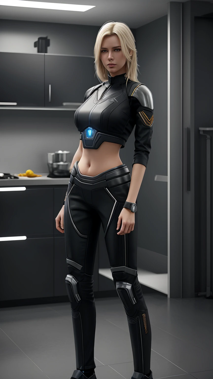 ((full-length photo, standing, feet on the ground)) 1girl in, age19, Solo, Colossal tits, Looking at Viewer, blond hair, Full body, a necklace, Realistic, A sexy, there is a woman with a short blond hair standing in a kitchen, sci-fi female, futuristic starship crew member, sci fi female character, unreal engine character art, female lead character, inspired by Eve Ryder, alena aenami and android jones, hyper realistic sci fi realistic, sci-fi android female, cgsociety uhd 4k highly detailed