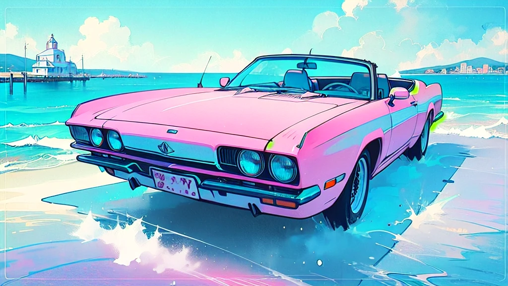 (watercolor), (low contrast), (white classic car), (seaside)