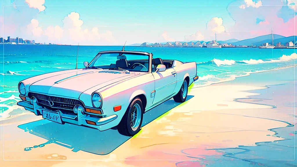 (watercolor), (low contrast), (white classic car), (seaside)