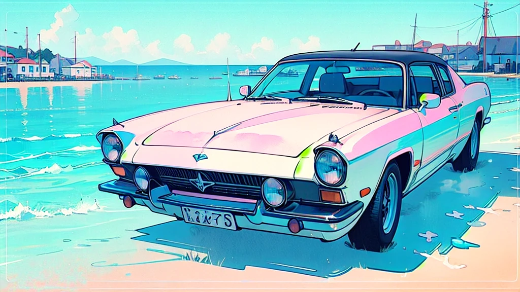 (watercolor), (low contrast), (white classic car), (seaside)