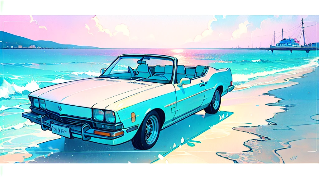 (watercolor), (low contrast), (white classic car), (seaside)