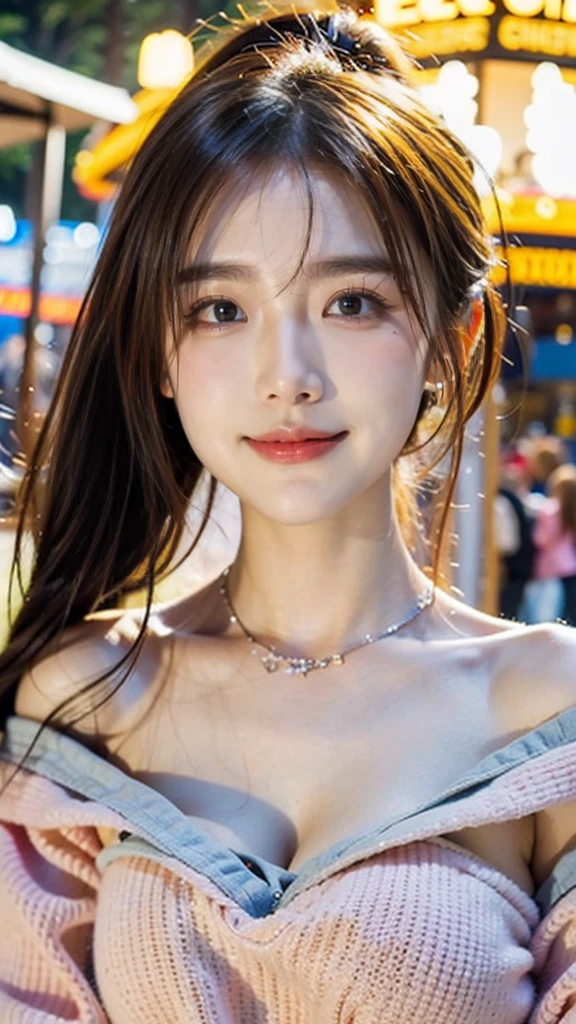 best quality, masterpiece, ultra high resolution, (reality: 1.4), original photo, one girl, 23 years old:1.2, Off-shoulder with vivid colors, Cinema Lighting、portrait、amusement park at night、big bust
