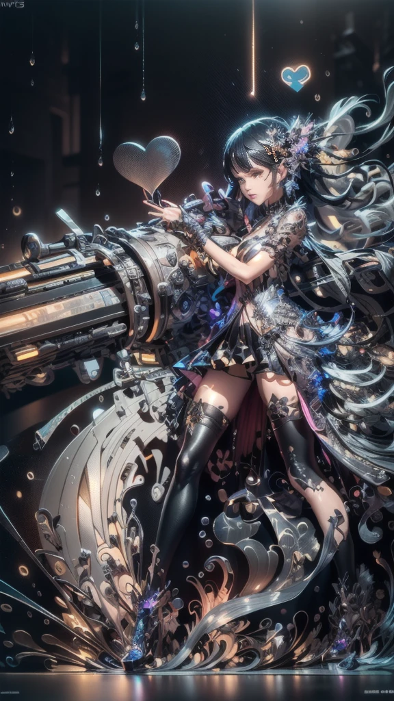 An ultra-realistic and ultra-detailed, Extra- Vibrant, (Legendary Vivid Neon Multicolored Psychedelic Masterpiece), ((It Is RAINING Outside)), ((full body portrait)), (Dynamic Angle), best quality, (Angled View), 1girl, Holding A Massive Gun, She is a Gorgeous Caucasian lady, ringed silver eyes, Calm, thin body, slim waist, small breasts, (bare legs), Awesome Black Hair, a confident smile, beautiful, dramatic, (Multitude Of Stars), Rain Is Falling,  ((an ultra-detailed background)), (beautiful eyes and face), highest possible resolution, 8k UHD, perfect anatomy, perfect fingers, Highly detailed scenery, Highly detailed background, perspective, depth of field, atmospheric
