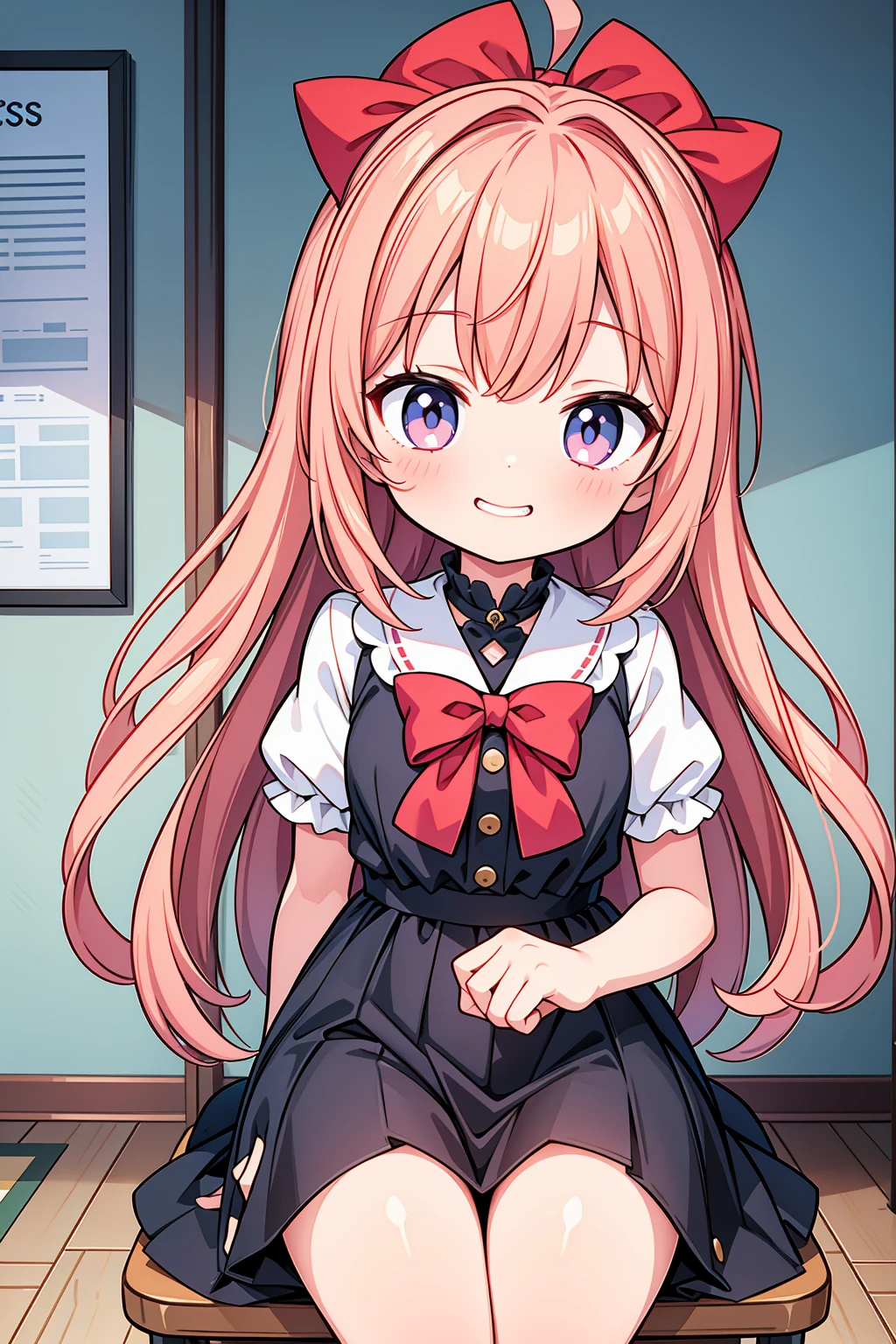 A masterpiece anime drawing by Shitao, featuring a cute anime girl with pink hair and a red bow sitting on a chair. The artwork should be in the style of Pixiv, with a touch of auto-destructive art. The girl should have a kawaii realistic portrait, grinning evilly, with a cute anime face. The visual should capture a lolish and extremely cute anime girl face, in a splash art anime style. The image should be ultra detailed and of the best quality, showcasing an adorable and charming expression.