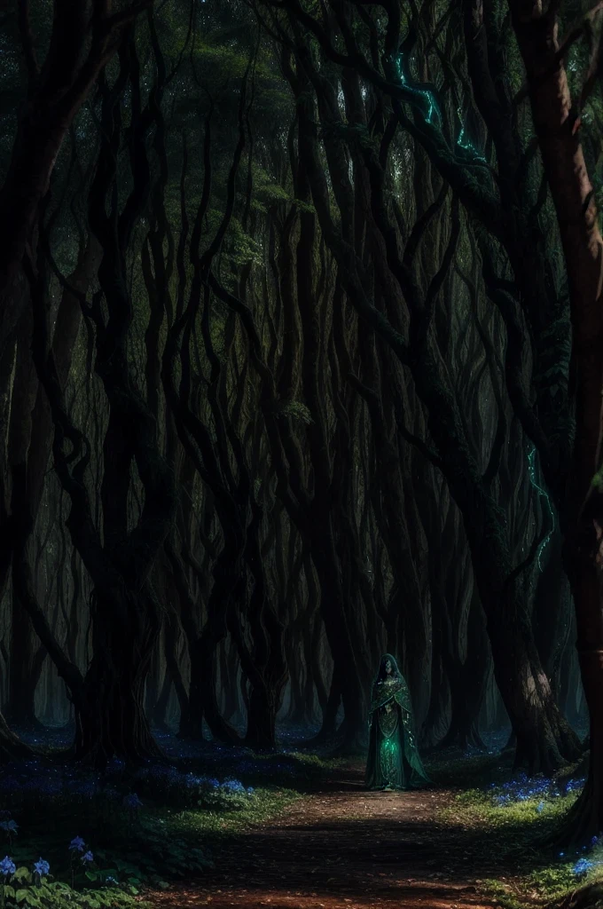 Amidst the silence of ancient trees, a mystical figure dressed in emerald leaves and bark-skin armor walks softly across the forest floor. The air around you vibrates with the vitality of nature, while vines adorned with midnight blue flowers twine their branches, pulsing in rhythm with the heartbeat of nature. The figure's eyes, like polished amber, Shines through a mane of moss and foliage, reflecting a spirit deeply connected to nature's most closely guarded secrets. On the top of your head, proud horns, engraved with ancient runic symbols, design, framing a face that embodies serenity