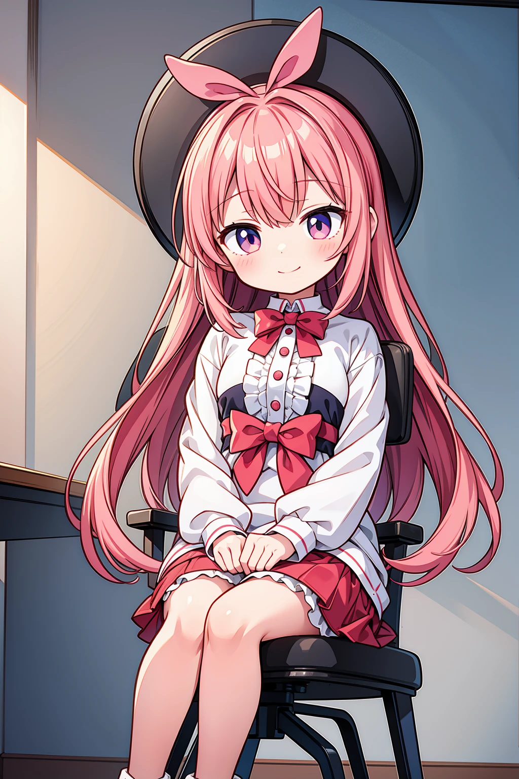 A masterpiece anime drawing by Shitao, featuring a cute anime girl with pink hair and a red bow sitting on a chair. The artwork should be in the style of Pixiv, with a touch of auto-destructive art. The girl should have a kawaii realistic portrait, grinning evilly, with a cute anime face. The visual should capture a lolish and extremely cute anime girl face, in a splash art anime style. The image should be ultra detailed and of the best quality, showcasing an adorable and charming expression.