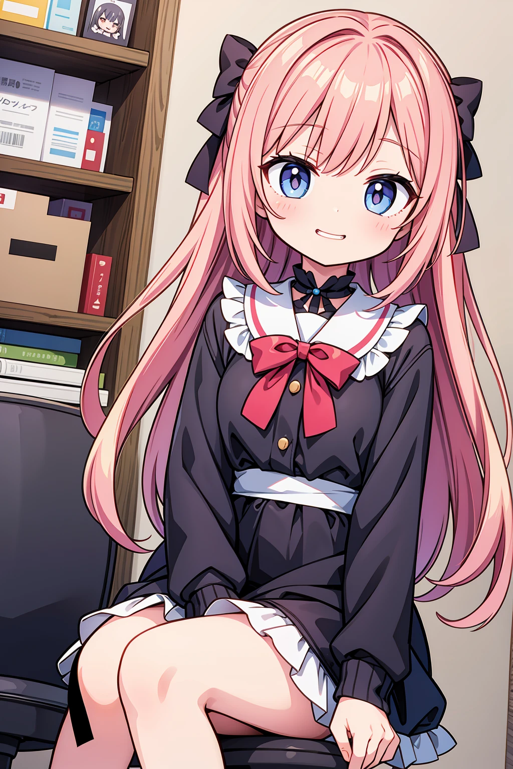 A masterpiece anime drawing by Shitao, featuring a cute anime girl with pink hair and a red bow sitting on a chair. The artwork should be in the style of Pixiv, with a touch of auto-destructive art. The girl should have a kawaii realistic portrait, grinning evilly, with a cute anime face. The visual should capture a sh and extremely cute anime girl face, in a splash art anime style. The image should be ultra detailed and of the best quality, showcasing an adorable and charming expression.