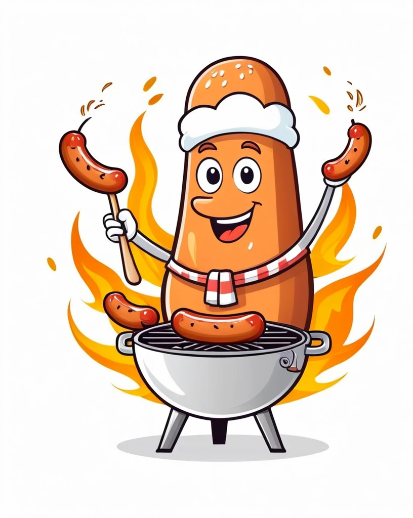 Create logo a sausage with beer and grill, barbecue, with some sausages on the fire, hot dog, cartoon illustration, hd illustration, chorizo ​​sausage, sausage hair, beer, white background