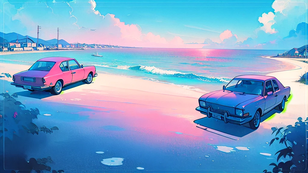 (watercolor), (low contrast), (classic car), (seaside road)