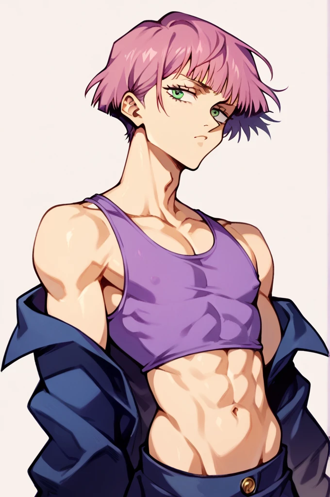 An androgynous boy with pale skin, green eyes with a relaxed look, long dark purple hair and pink parts, tight black high-neck tank top, no experience of jujutsu kaisen