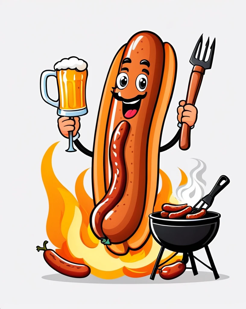Create logo a sausage with beer and grill, barbecue, with some sausages on the fire, hot dog, cartoon illustration, hd illustration, chorizo ​​sausage, sausage hair, beer, white background