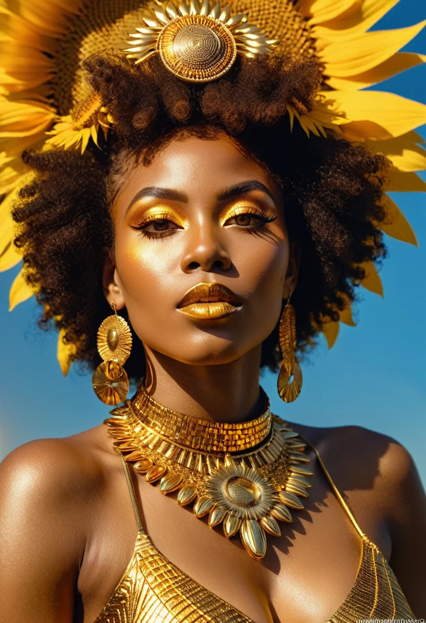 a woman with afro and gold jewelry, a Chinwe Chukwuogo-Roy portrait, afrofuturism, like the sun goddess, sun goddess, the sun queen, high definition, NFT, Dominant, haughty, powerful, empowered, lit by the Sun, radiant beauty, exuberantly majestic, sunflower eyes , golden skin, extreme glamour, Shiny golden skin