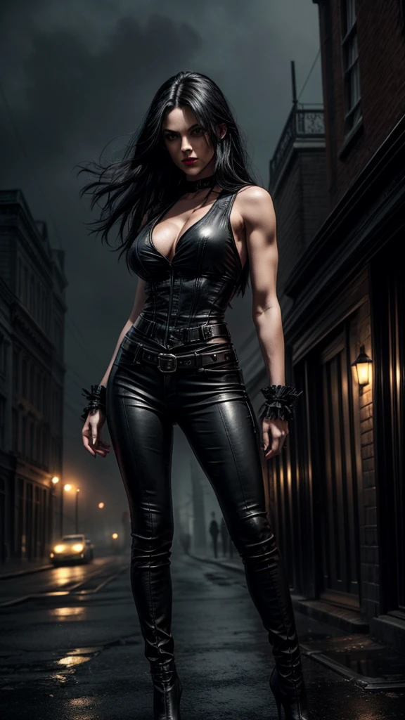 Full body shot a beautiful 25 years old British female vampire, long black hair, green eyes, red lips, muscular body, tight black sleeveless tank top with a deep neckline and black leather tight pants, mid-thigh black leather boots with bird heels view from front, waist up shot, dynamic pose, dark gloomy foggy night in victorian era london, desolate deserted street scene, epic mood, dark shadows, fog, rain, lightning, background foggy, eerie shadow detailed high resolution digital photo