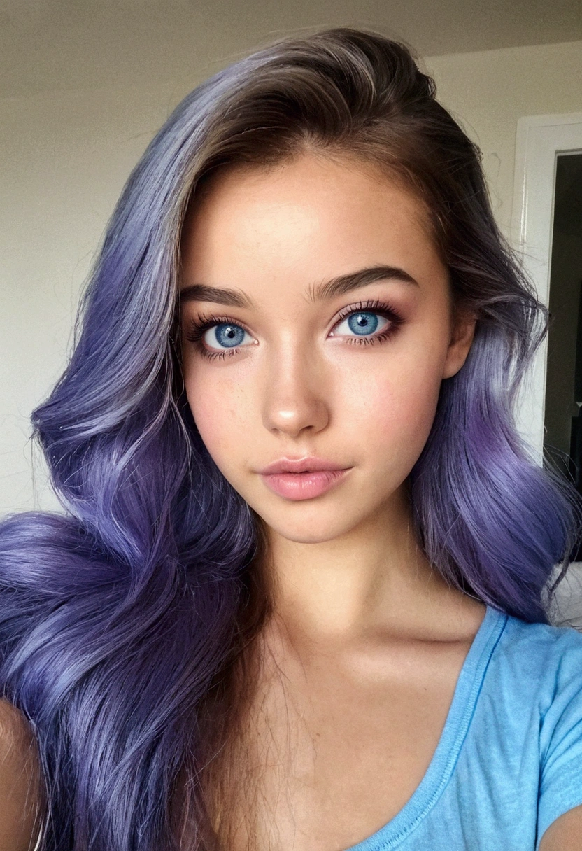 Femme Arafed avec débardeur et leggings assortis, fille aux yeux bleue cheveux bruns, portrait sophie mudd, cheveux bruns et grands yeux, selfie d'une jeune femme, Yeux de chambre, violette myers, sans maquillage, maquillage naturel, Tournez-vous pour regarder la caméra, Visage avec Artgram, Maquillage subtil, Superbe photo du corps entier