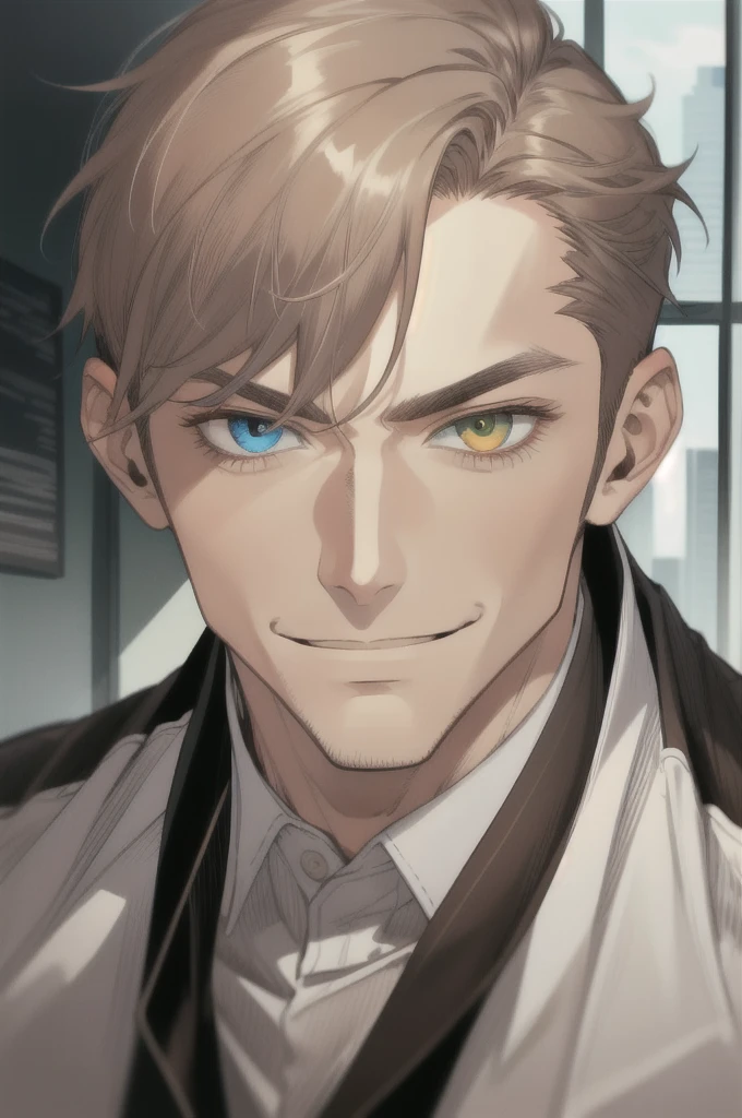 masterpiece, best quality, realistic, 1man, mature man, muscular tall, handsome, smile, closed mouth, portrait, extremely detailed face, (short hair), (gray brown hair), (heterochromia in eyes), CEO, Office home.