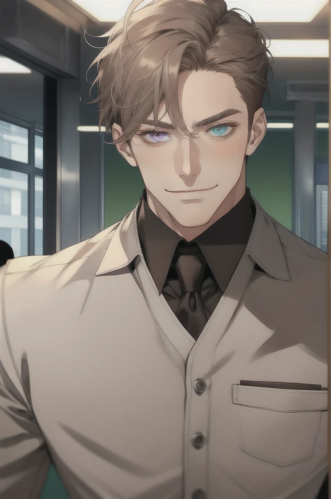 masterpiece, best quality, realistic, 1man, mature man, muscular tall, handsome, smile, closed mouth, portrait, extremely detailed face, (short hair), (gray brown hair), (heterochromia in eyes), CEO, Office home.
