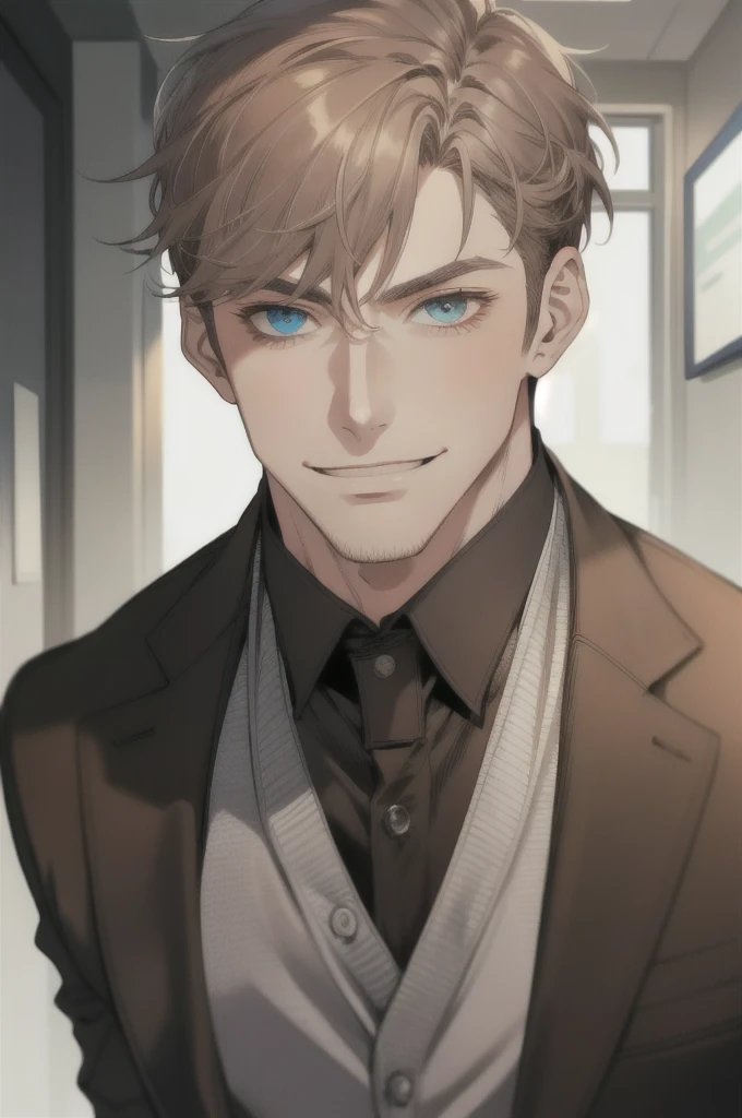 masterpiece, best quality, realistic, 1man, mature man, muscular tall, handsome, smile, closed mouth, portrait, extremely detailed face, (short hair), (gray brown hair), (heterochromia in eyes), CEO, Office home.