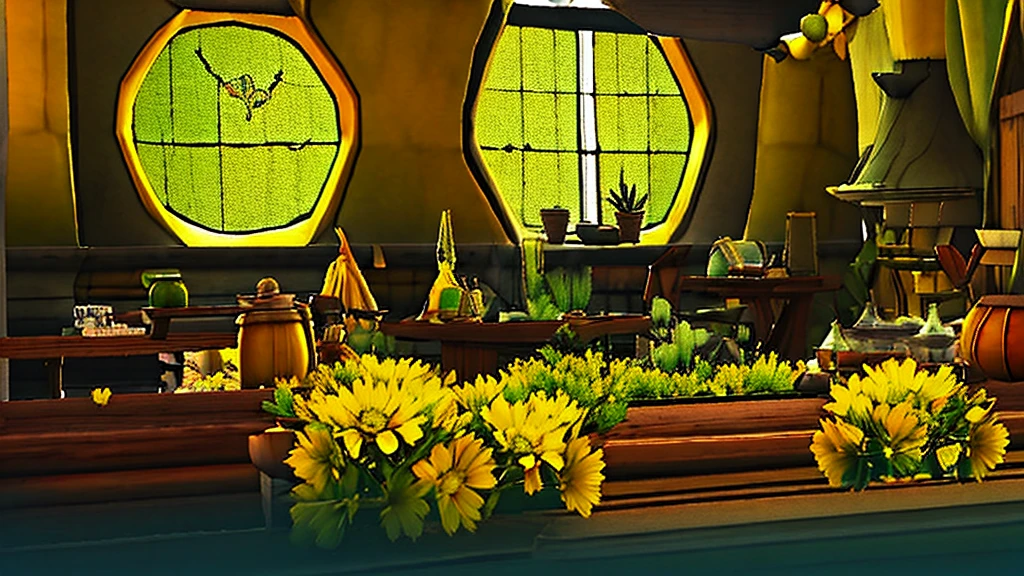 Hufflepuff Common Room,Fantasy,yellow,Fantasy,Cozy rooms,Barrels are stacked,Low ceiling,Round window,Bright atmosphere,Potted cacti,Vines growing from the window,flower,plant,Wooden desk,yellowの柔らかいソファ,Hogwarts,Harry potter