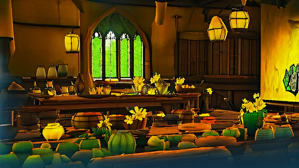 Hufflepuff Common Room,Fantasy,yellow,Fantasy,Cozy rooms,Barrels are stacked,Low ceiling,Round window,Bright atmosphere,Potted cacti,Vines growing from the window,flower,plant,Wooden desk,yellowの柔らかいソファ,Hogwarts,Harry potter