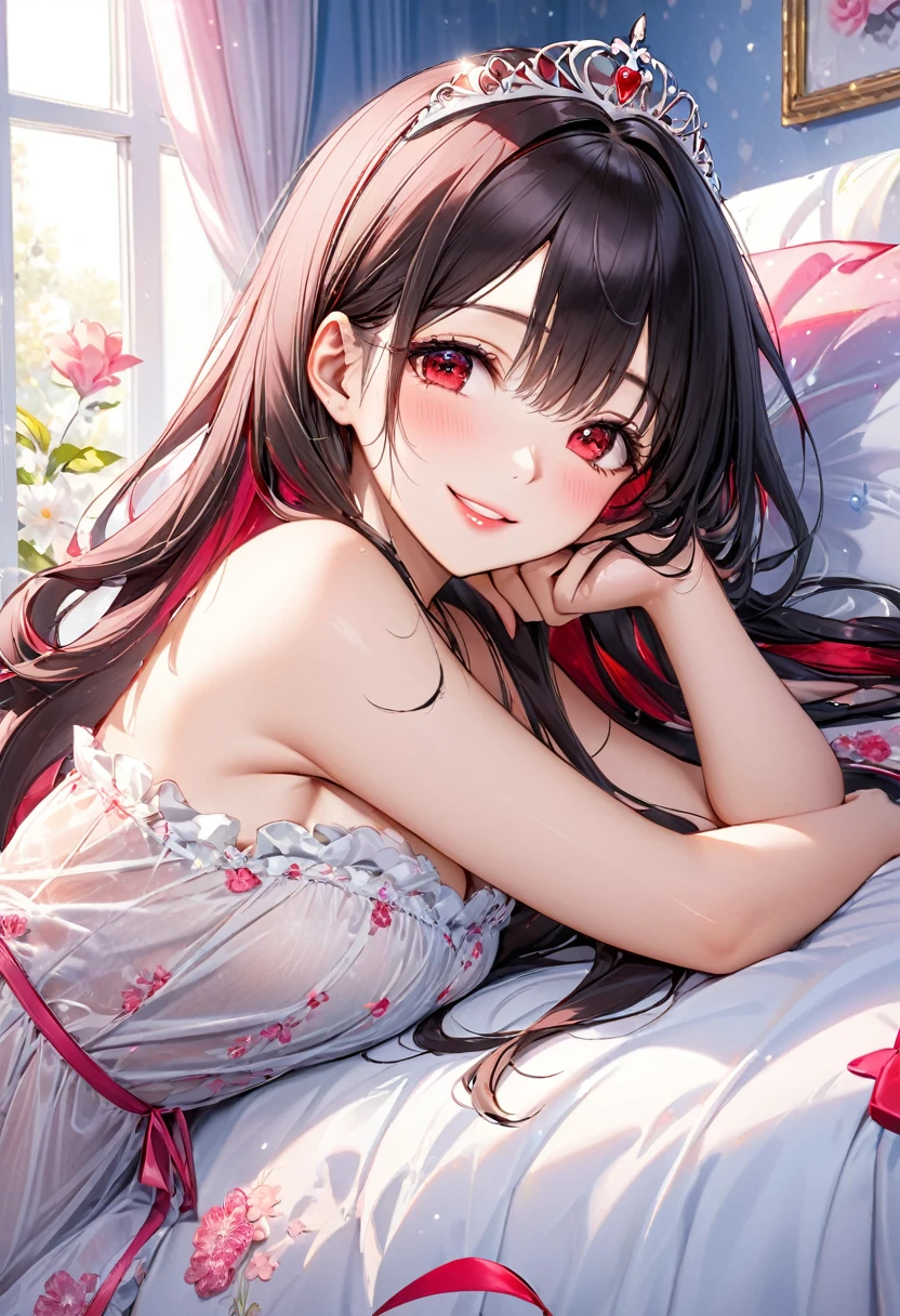 (relax fat style), (solo:2, 18 yo, straight black hairvery long hair beautiful sadist girl, beauty red eyes, smile, glossy lip, lie on bed), in a negligee, break, in the princess bedroom, BREAK, perfect anatomy, masterpiece, best quality, 16k, beautiful detailed grow, daydreaming expression.
