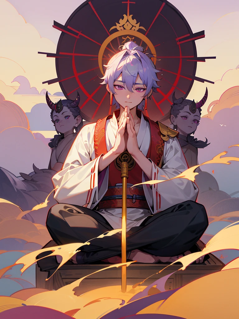Dragon God Kannon Bodhisattva,Purple eyes, Horn, White Short Hair, Black Armor, torii, male, Buddha, Praying with hands together, Zazen, Aiphone, Lotus Field, pure land, 神Buddha融合