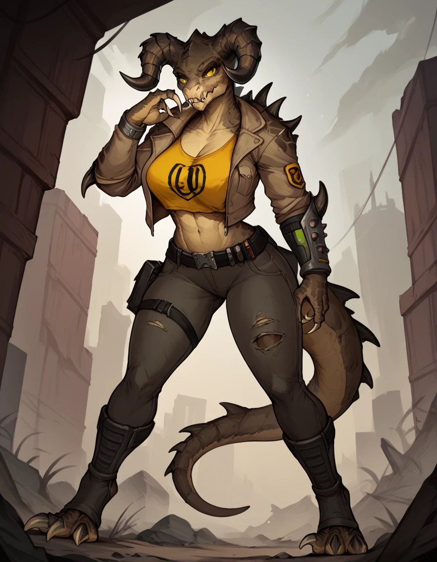 score_9,score_8_up,score_7_up, source_cartoon, cute style,  deathclaw fallout, Anthro girl, big yellow eyez, tall and slender, 
