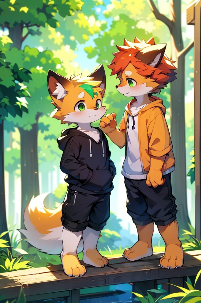 Furry,Fox,boy,8k resolution,最High resolution, High resolution,Wearing a hoodie,Green Eyes,summer,Stand on your feet,Two legs,Five fingers on a hand,Five toes,tall,:tall stature,fit,medium,Standard,green fur,A quiet residential area