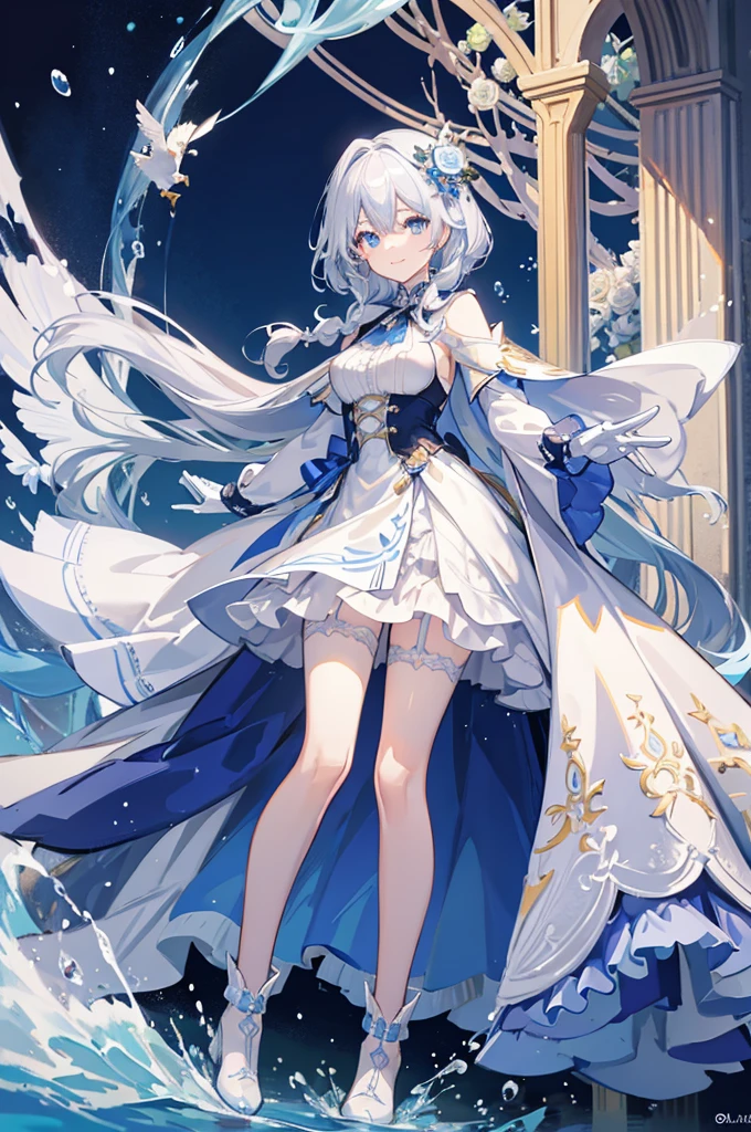 A woman with white hair and blue eyes、adult、Long, fluffy wavy hair、Braiding、Wearing hair ornaments、Smiling、Elegant and ladylike、Elegant、Princess、White gloves、Wearing a cape、White and blue dress、Wave pattern、Decorations such as roses and drops、The dress is short in the front and long in the back、Garter Ring、short boots、water、Fantasy