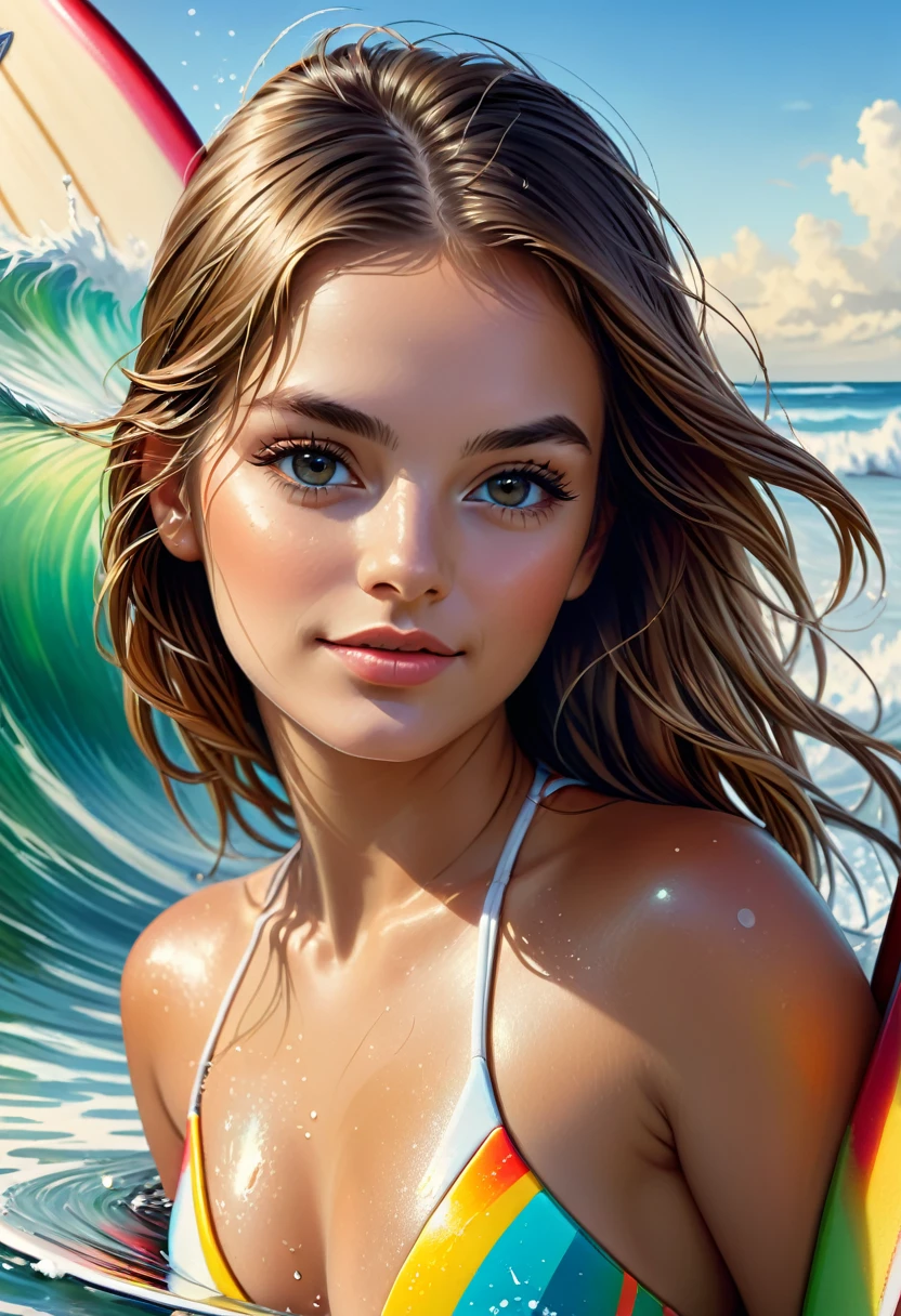 a closeup of a woman with a surfboard in the water, gorgeous digital art, airbrush digital art, Amazing digital art, amazing detail digital art, beautiful digital artwork, beautiful digital art, beautiful gorgeous digital art, digital art image, great digital art with details, realistic painting cute girl, karol behind uhd, beautiful digital painting, digital oil painting with airbrush